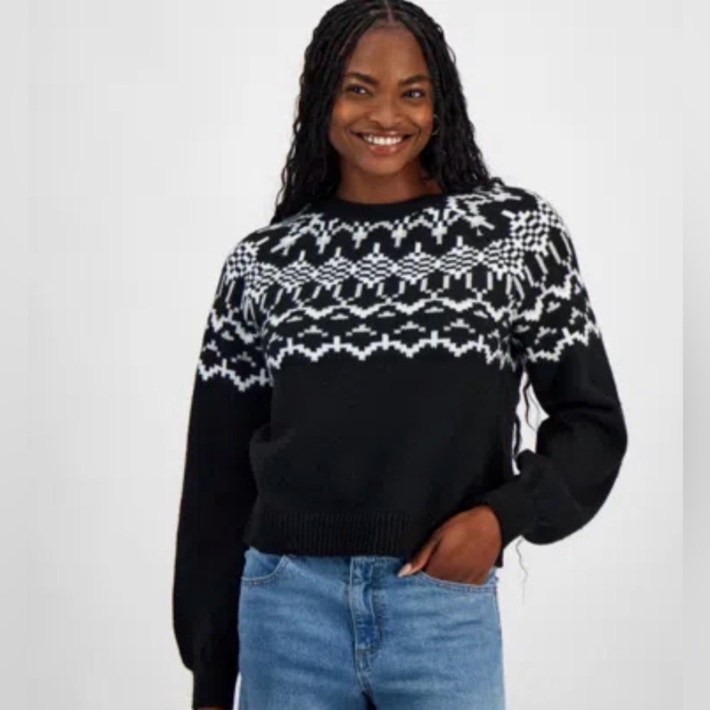 And Now This Women's Black Crewneck Sweater with White Fair Isle Yoke XL